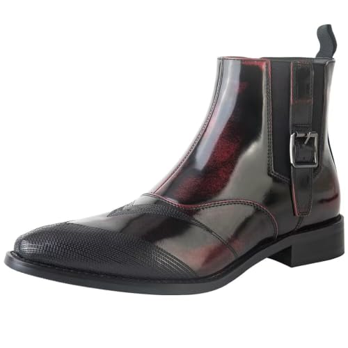 POTENCE STAR Mens Patent Ankle Boots Buckle Strap Chelsea Boots with Textured Toe Stylish Dress Boots for Work & Daily