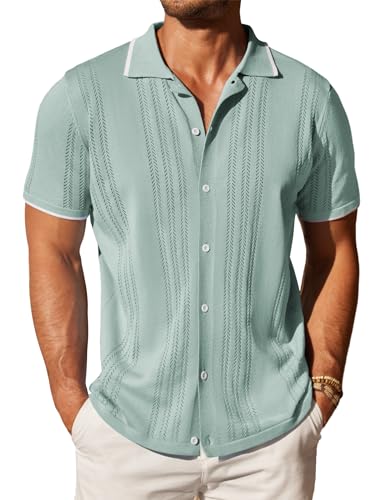 COOFANDY Men's Knit Button Down Shirt Vintage Short Sleeve Polo S...