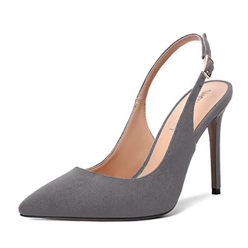 SHOWFOREST Womens Dating Slingback Buckle Dress Solid Pointed Toe Suede Stiletto High Heel Pumps Shoes 4 Inch