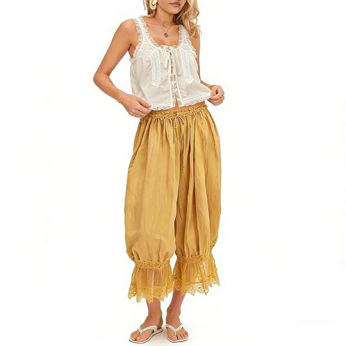 Image of KOSUSANILL Women Long Bloomer Pants Lace Trim Ruffle Pantaloons Cropped Lounge Pajama Bottoms Y2K Capri Pettipants