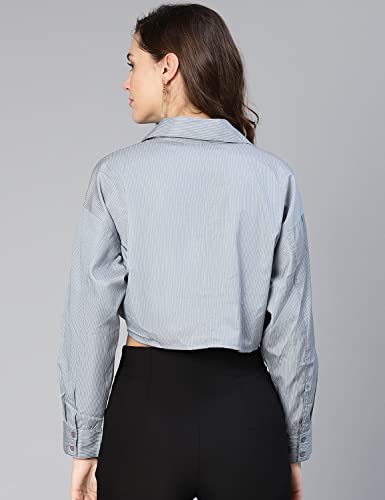 Image of oxolloxo Women Stripe Print Open Collared Cotton Crop Shirt