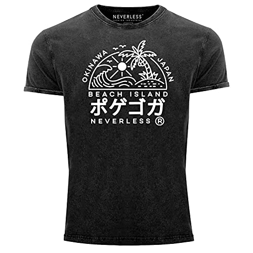 Neverless® Herren Vintage Shirt Japan Okinawa Beach Island Schriftzeichen Printshirt T-Shirt Aufdruck Used Look schwarz XL Cover