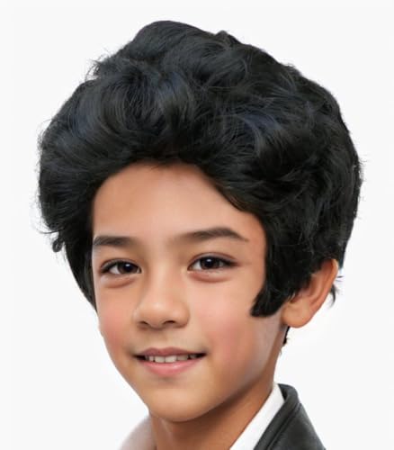 Witty Emporium Black Pompadour Wig with Sideburns Child Boys Kids Costume Hair 50s 60s Rocker Rock Roll Superstar Greaser Accessory Royal Rock Star Legend