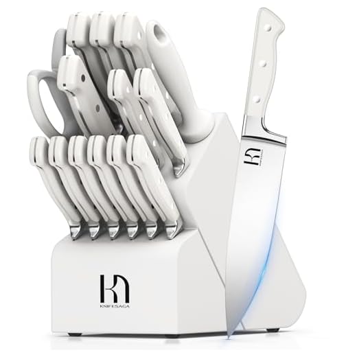 KnifeSaga Kitchen Knife Block Set, 15-Piece Enduring Ultra Sharp Knife Set, Japanese High Carbon Stainless Steel, Premium Forged Knives for Kitchen and Professional Chefs, White