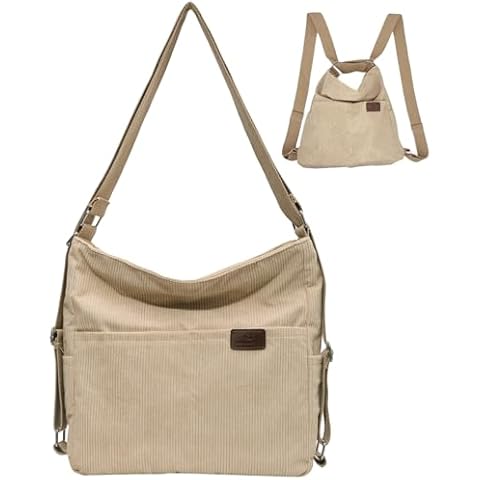RUNSOON Corduroy Tote Bag for Women Convertible Backpack Purse Crossbody Hobo Shoulder Bag with Multi Pockets Compartments, Beige Cover