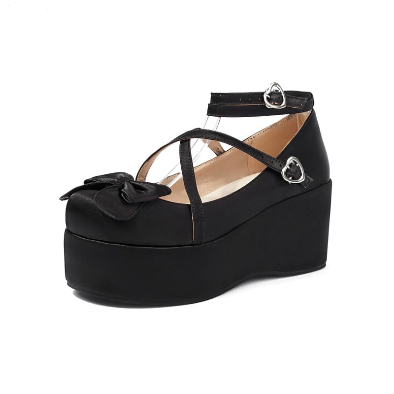 Elbslutt Womens Goth Mary Jane Shoes Platform Kawaii Cosplay Girls Lolita Shoes Round Toe Buckle Strap Chunky Wedge Heel Bow Lace Satin Bow Y2k Ankle Strap Dress Pumps Shoes Oxfords