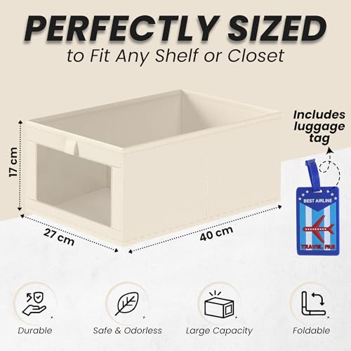 Image of OCEANEVO Set of 4 Linen Wardrobe Organizer for Storage WITH Luggage Tag, Foldable Cupboard Organizer for Clothes, Closet Organiser Basket with Clear Window - 40 x 27 x 17 Cm - Beige