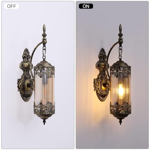 Image of Vintage Wall Sconce with Amber Glass, Rustic Black Brushed Gold Farmhouse Wall Light Fixture, Antique Gothic Decorative Metal Wall Lamp for Hallway, Bedroom, Living Room, Entryway, 2-Pack