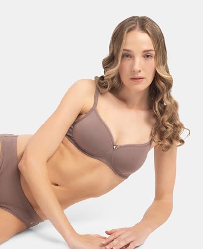 Image of Jockey 1723 Women's Wirefree Padded Super Combed Cotton Elastane Stretch Medium Coverage T-Shirt Bra with Lace Styling Deep Taupe 34D