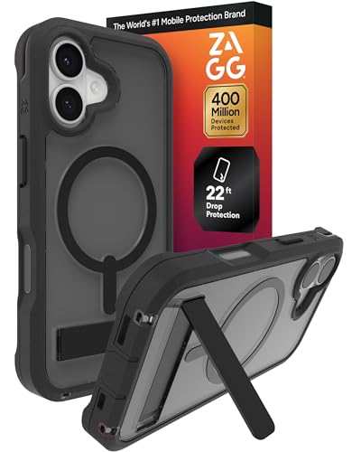 Image of ZAGG Rainier Case with Kickstand for iPhone 17 - Smoke Black, Graphene 22ft (7m) Drop Protection, Lanyard Attach Points, MagSafe, Wireless Charging Compatible, 2-Piece Design, Phone Case