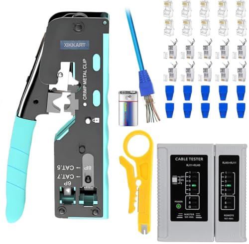 Image of XIKKART RJ45 Crimping Tool Kit, Passthrough Cat7 Cat6A Cat6 Cat5E Cat5 RJ45 Ethernet Crimp Tool with 10PCS Cat7 Pass Through Connectors 10PCS Cat6 Pass Through Connectors 10PCS Covers 1 Network Tester