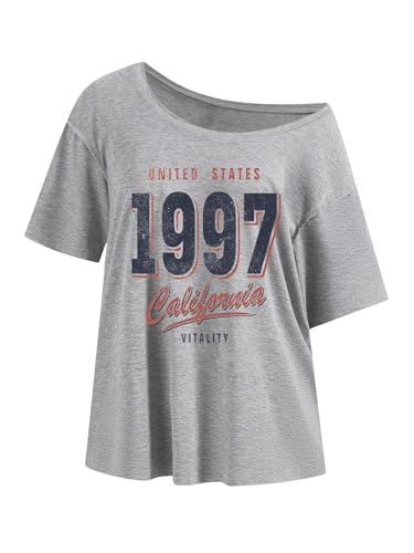 SOLY HUX Women's Number Graphic Tees Letter Print Off The Shoulder Short Sleeve Loose T Shirt Tops