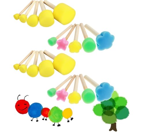 Zhenghebuy 20 Pièces Pinceau Mousse Éponges à Peinture Kit,Brosse Éponge en Mousse,Pinceaux Éponges Enfants Set,Manche Bois Pinceaux Éponge Ronds pour...