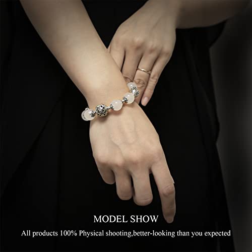 Ks-Workshop 12Mm Stretch Bracelet For Women Handmade Beads Chain Quality Natural Stone White Chalcedony Beaded Girls Ins Style Metal Link Semi-Precious Gemstone Perfect Birthday Gift Souvenir #TOP2