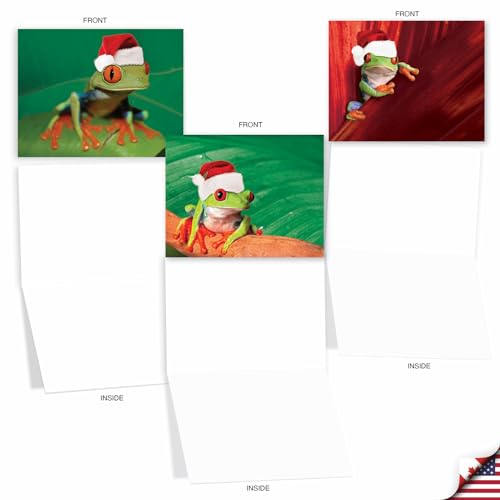 Image of The Best Card Company - 10 Blank Animal Christmas Note Cards - Assorted Bulk Holiday Cards for Men and Women, Fun Wildlife (4 x 5.12 Inch) - Yule Frogs M1754XB