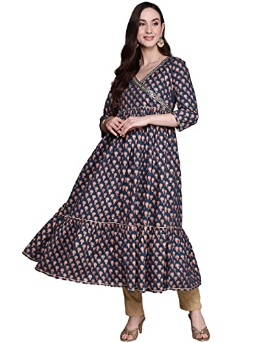 Image of ishin Women's Cotton Navy Blue Embellished Foil Print Anarkali Flared Kurta