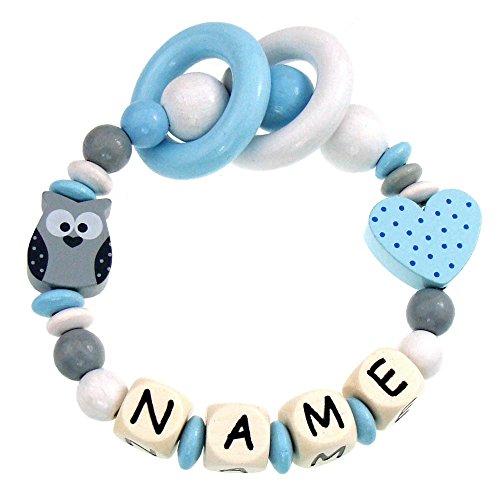 Elefantasie Premium Greifling mit Namen Holz Rassel Modell Eule Herz grau hellblau