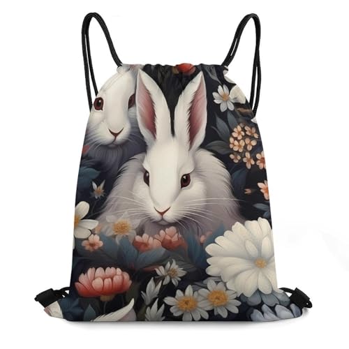 Cute Rabbit Flower Drawstring Backpack Durable Sport Gym Bags Daypack for Men Women 35 * 42cm