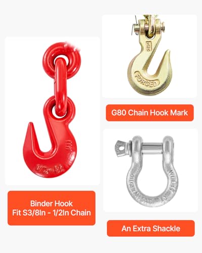 Image of VEVOR Chain and Binder Kit 3 /8 in-1 /2 in, Ratchet Load Binders 8267 lbs Working Strength, Ratchet Binders and Chains, 3 /8 in x 10 ft G80 Chains with G70 Hooks, for Truck, Tie Down, Hauling, Towing