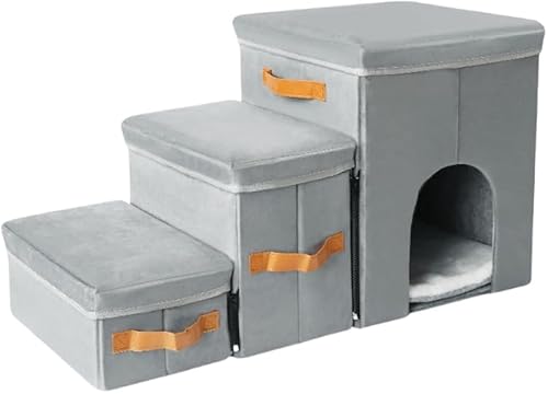 KryZaroペット用階段ステップ ダークグレー (77*34*42cm) 猫・小型犬・中型犬用 折りたたみ式 収納付き 滑り止め ハイベッド・ソファ・窓枠対応