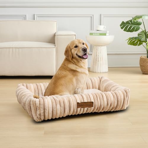 Image of Modern Threads Ribbed Plush Two-Tone Cuddler Dog Bed, Ultra-Soft Faux Rabbit Fur, Supportive Bolstered Sides, Removable Washable Cover, Bed for Medium to Large Dogs, Cream, (34 inch L x 25 inch W x 9 inch Th)