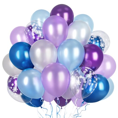 Ousuga Ballons Frozen 50 Pièces 12 Pouces Violet Blanc Bleu avec Flocons de Neige, pour Anniversaire Noël Nouvel An Baptême Fêtes Décoration