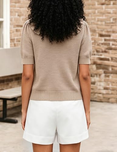Image of Watashi Womens Ruffle Collar Puff Short Sleeve Cardigan Knit Crop Top | Peter Pan Collar Crochet Knitted Summer Fall Casual Work Wear Sweater