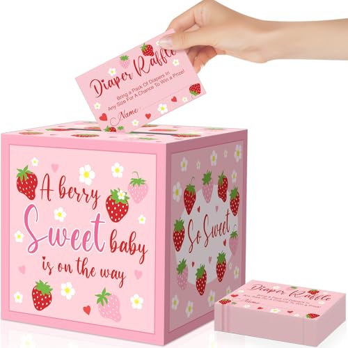 51Pcs Pink Strawberry Diaper Raffle Tickets with Box Strawberry Baby Shower Game Kit Party Decors Favor A Berry Sweet Baby Is On The Way Holder Box for Girl Boy Gender Reveal Party Invitation Supplies