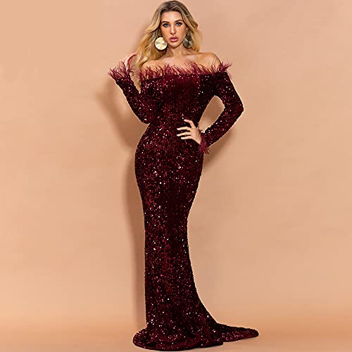 Women Strapless Off Shoulder Long Sleeve Backless Floor Length Feather Sequin Wedding Evening Party Maxi Dress2