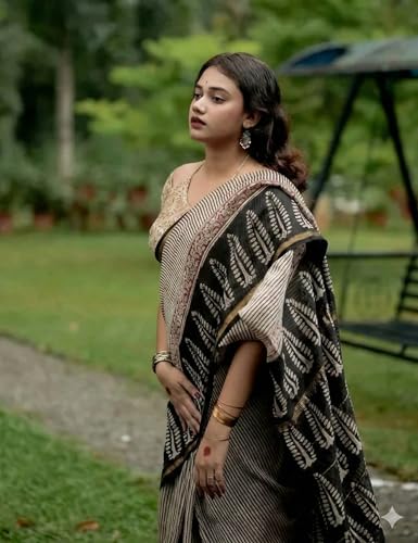 Image of Linen Saree for Women with Blouse Piece | Premium Soft Linen Cotton Saree | Lightweight Printed Traditional & Casual Wear Saree with Contrast Border