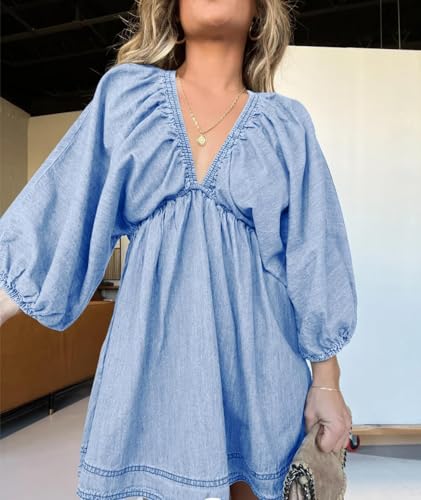 yoeasy Women's V Neck Denim Dress Casual Puff Sleeve Swing Ruffle Flowy A Line Mini Jean Babydoll Dress4