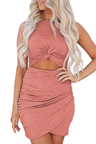 ARAXA Women Casual Crew Neck Ruched Sleeveless Tank Bodycon Dress Slim Fit Party Evening Short Mini Dresses Red Large