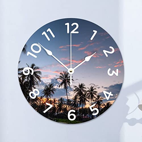 Higoss Palm Sunset Wooden Wall Clock Silent Non Ticking - 10x10 Inch Funny Wall Clock Battery Operated Round Easy to Read Home/Office/Classroom/School Decor