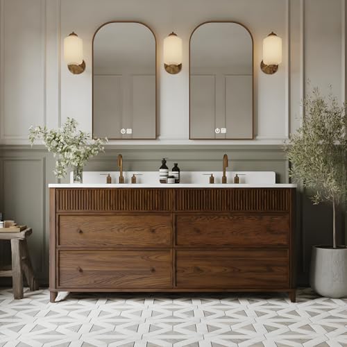 kmnub 96IN Bathroom Vanity with Double Sink - Solid Wood Modern Freestanding Vanity Bathroom, Smart Defog Mirror, Seamless Integrated Basin, Partitioned Storage, Customizable, Walnut