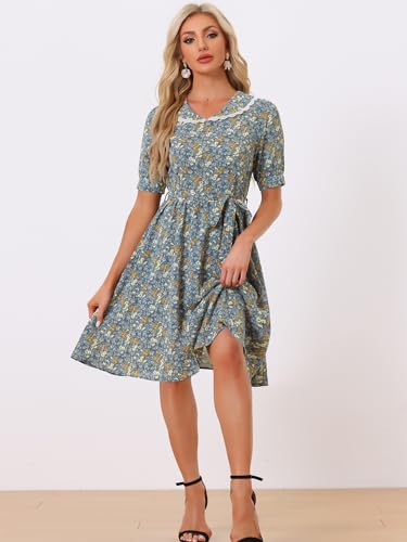 Image of Allegra K Women's Vintage Peter Pan Collar High Waist Flowy Midi Puff Sleeve Floral Dress