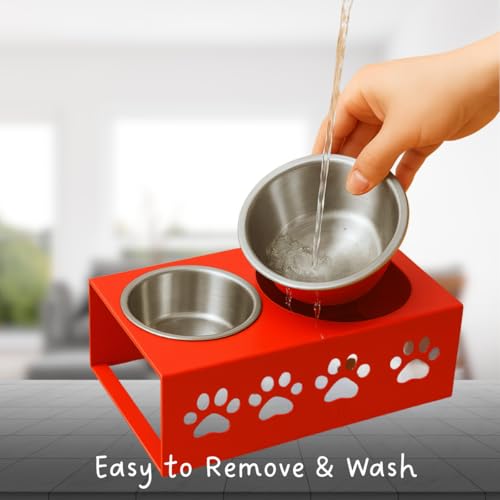 Image of Metal Red Stylish Dog Bowl Stand | 2 Stainless Steel Bowls for Raised Dogs & Cats | Elevated Dog Food Removable Bowls | Pet Feeder & Water Dispenser for All Breeds Paw Design (Set of 2, Each 1600ml)