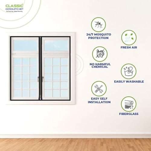 Image of Classic Mosquito Net for Windows with Zipper | 90X90 cm | 120 GSM Fiberglass Mesh |Pre Stitched Window Net for Home | Self Adhesive Hook All Loop Easy Install | Protection from All Insects |Black