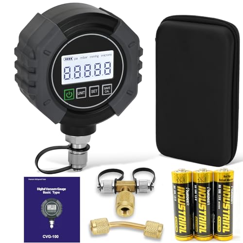 Image of Pro HVAC Micron Vacuum Gauge, Digital AC Micron Gauge 0-75000 Microns | Vacuum Tester with Alarm , LCD Backlit Display, 7 /16-20 UNF & 1 /4 inch SAE Ports, Includes T-Connector and Extension Adapter