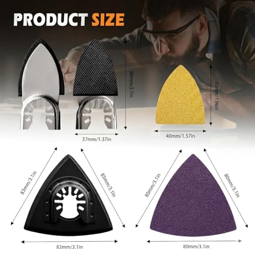 Image of Oscillating Tool Sanding Pads Kit 114Pcs | 2Pcs Triangle Sanding Pads and 2Pcs Finger Sanding Pad, 110Pcs Multitool Sandpaper Set, Grit Fit for Finishing Wood Sanding