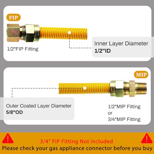 72" Flexible Gas Line Kit for Dryer, Stove, Range, Stainless Steel Gas Dryer Connector Kit, Fitting size: 1/2" FIP & 1/2" MIP & 3/4" MIP Fitting, Not Fit All Appliance by Hosile - Used condition - Image 5