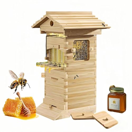 Beehive Kit - Flow Hive with Observation Window & Honey Spout Wooden Bee Box with Integrated Carpenter Bee House