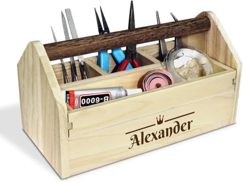 Image of Ikee Design Personalized Custom Engraved Wooden Craft Toolbox Caddy with 5 Compartments | Customize Small Wooden 5-Compartment Craft Tool Box
