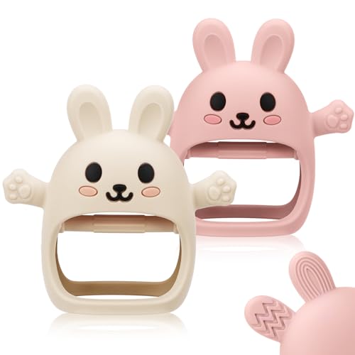 Image of 2 Pack Baby Teething Toy for 3-6 6-12 Months, Silicone Bunny Teething Mitten, Anti Drop Wrist Hand Baby Teethers 0 3 6 9 12 Months for Babies Sucking Needs (Beige & Light Pink)