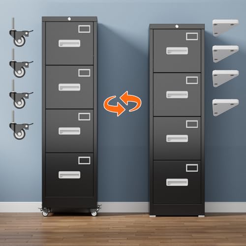 Image of Aobabo 4 Drawer Metal File Cabinet with Lock and Wheels,Black | 15.7 inchD x 17.7 inchW x 53.2 inchH metal filing cabinet for letter /legal files and small office storage.