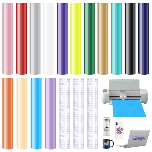 15 Bögen 33x33cm Smart Vinyl Permanent für Cricut Explore 3 / Maker 3 mit 3 Plotter Transferfolie Set, Vinyl Plotter Folie Plotterfolie Selbstklebend für DIY, Handyhülle, Laptops, Tassen, Autos