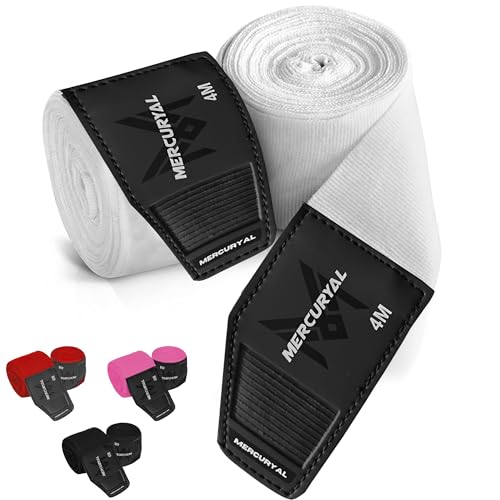 MERCURYAL Vendas Boxeo 4m para Proteger la Mano - Vendas Boxeo Guantes Interiores - Cinta Boxeo - Hand Wraps Muay Thai MMA Kick Boxing Artes Marciales - Vendas para Mujeres y Hombres (4 M, Blanco)