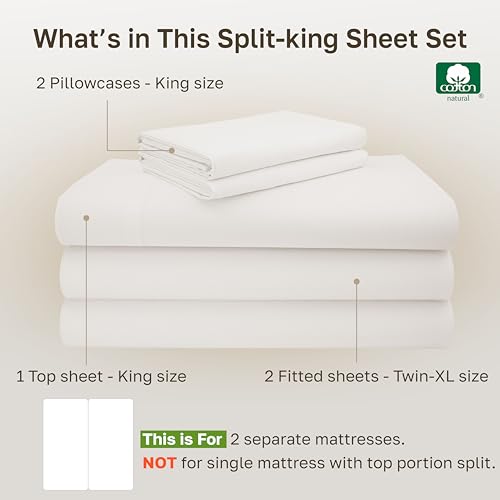 Image of California Design Den Split King Sheet Set - 100% Cotton, Luxuriously Soft 600 Thread Count Sateen, King Size Sheets for Adjustable Bed - True Ivory