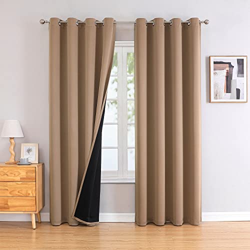 ChrisDowa 100% Blackout Curtains 80 inch Long for Bedroom with Black Liner, 2 Thick Layers Total Blackout Thermal Insulated Grommet Window Curtains 2 Panels Set (Cappuccino, 52 x 80 Inch)