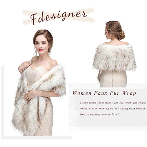 Women's Long 1920 Faux Fur Shawl Bridal Wedding Fur Wraps and Shawls Faux Mink Shawl (White, Faux Fur Mink)3