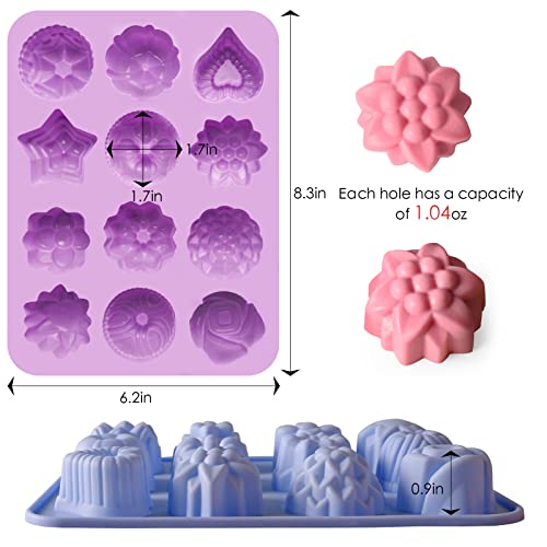 Image of Sakolla 3 Pack Flower Molds Silicone, 12 Cavities Different Shapes Silicone Molds for Chocolate, Cupcake, Candy, Jelly, Ice Cube, Muffin (Pink, Purple, Blue)